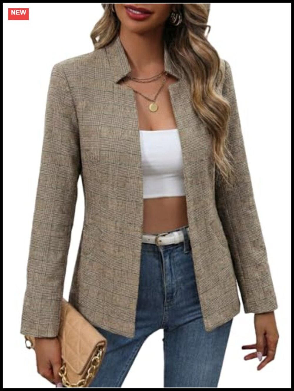 Women's Open Front Tweed Blazer Plaid Fitted Jacket Business Casual